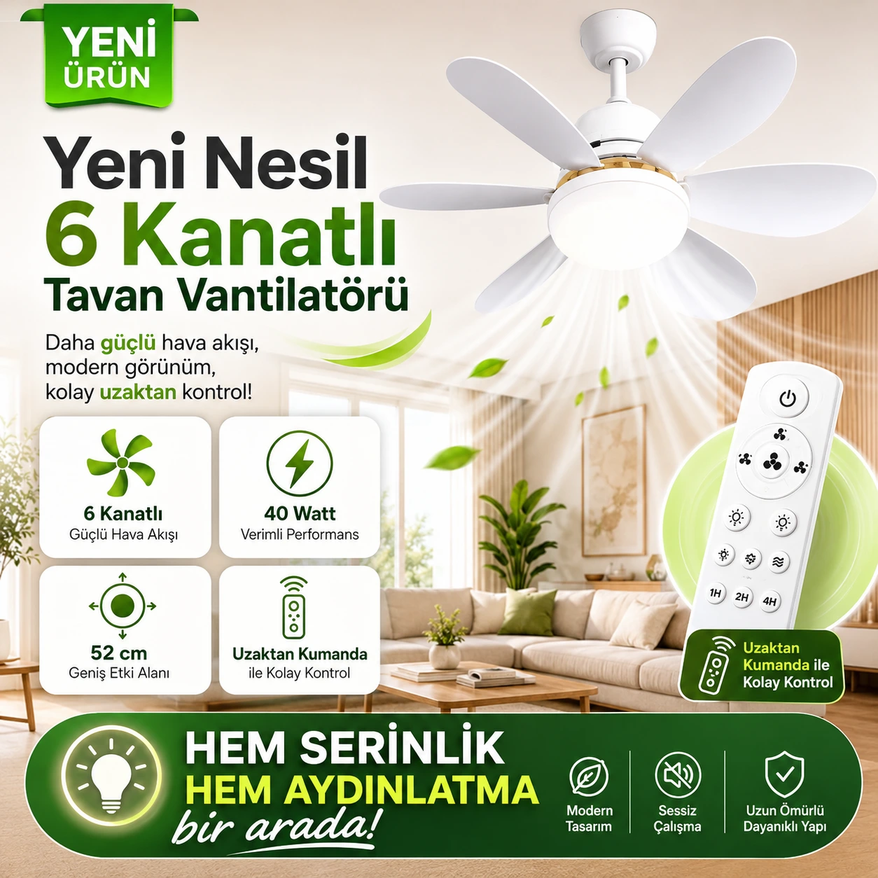 Yeni Nesil 6 Kanatlı Tavan Vantilatörü ürün özellikleri